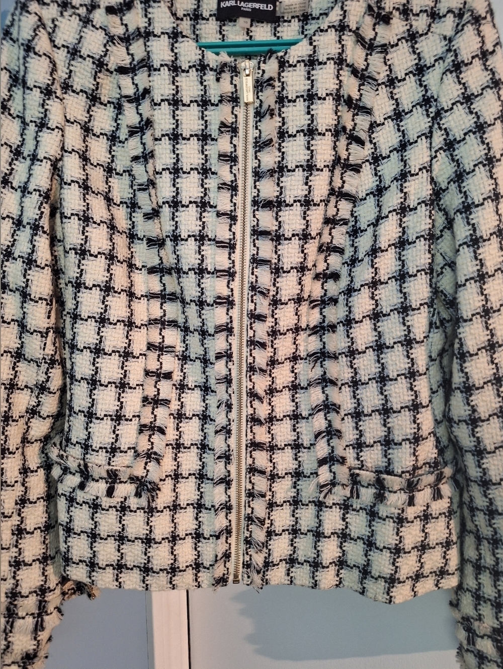 Karl Lagerfeld Paris Black White Plaid Tweed Zip Womens Jacket Size 10 - Picture 3 of 9
